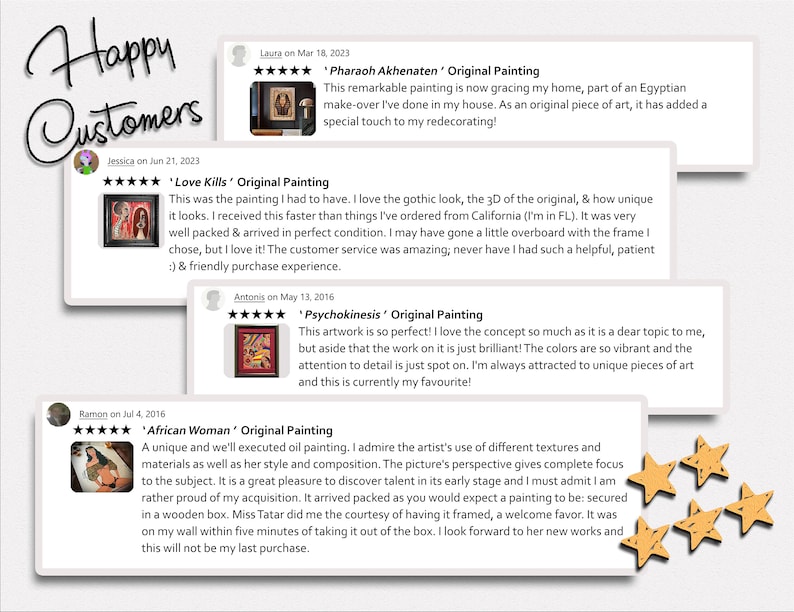 May include: Five customer reviews for original paintings. Each review includes a five-star rating, a title, a date, and a comment. The paintings are displayed next to the reviews.