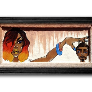 May include: A framed painting depicting a woman with red and orange hair holding a string attached to a man's head. The woman has blue eyes and is wearing a blue bracelet. The man has a beard and is looking at the viewer. The background is a light brown colour.
