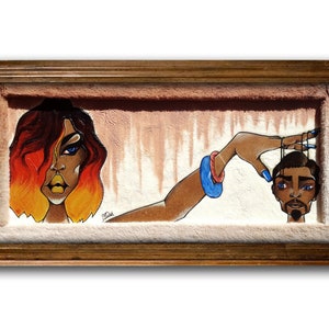 May include: A framed painting featuring a woman with red and orange hair holding a string attached to a man's head. The woman has blue eyes and is wearing a blue bracelet. The man has a beard and is looking at the viewer. The background is a light brown colour.