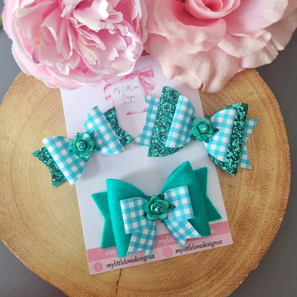 Jade green school flower hairbow range **SOLD INDIVIDUALLY**