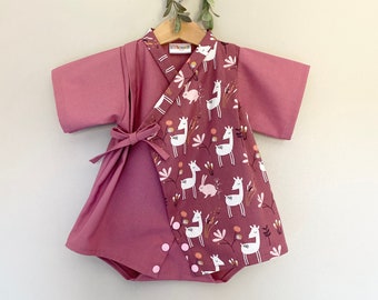 0-9m Pink Rabbits & Deers Baby Kimono Rompers, Baby Kimono Onesie, Newborn Gifts, Baby Shower Gifts, Gifts for Babies