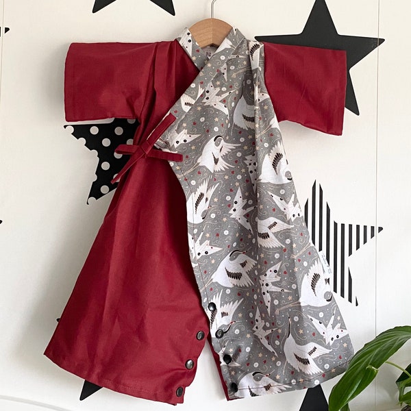 Wine Red & Crane Combo Baby Kimono Rompers | tsuru kids kimono rompers, unisex baby kimono, 1st Birthday Outfit, boys kimono, girls kimono