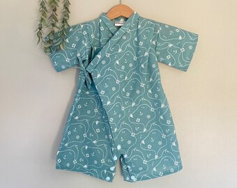 Light Blue Sailing Baby Kimono Rompers, Newborn Gift, Baby Shower Gift, Gift for Baby Girl, Gift for Baby Boy, Poly-Cotton Baby Kimono