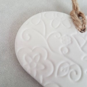 Heart shaped clay tag with pretty embossed floral design, gift for her, gift tag, wedding favour, clay diffuser, wine tag, heart wall image 4