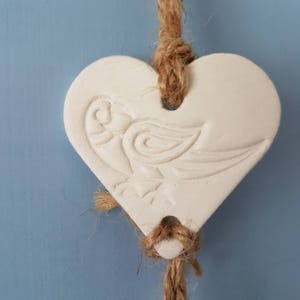 White clay hanging trio of hearts with peacock henna style design on natural twine. Wall hanging. Heart wall. Gift. Valentine's. Decoration. image 6
