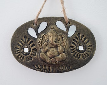 Oval Ganesh clay wall plaque with mirror detail, Diwali gift, housewarming present, gift for them, good luck gift, wall hanging, ethnic art
