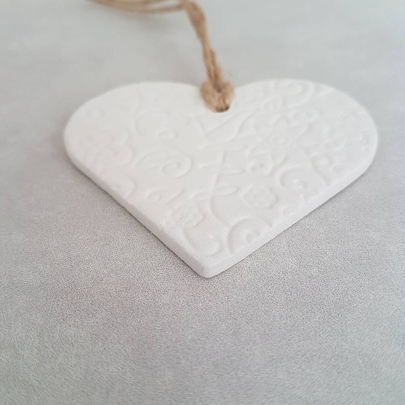 Heart shaped clay tag with pretty embossed floral design, gift for her, gift tag, wedding favour, clay diffuser, wine tag, heart wall image 5
