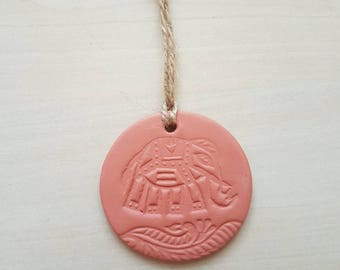 Terracotta clay hanging tag with Indian elephant design. Gift tag, wall decoration, ethnic art, clay diffuser, hanging decor, small gift