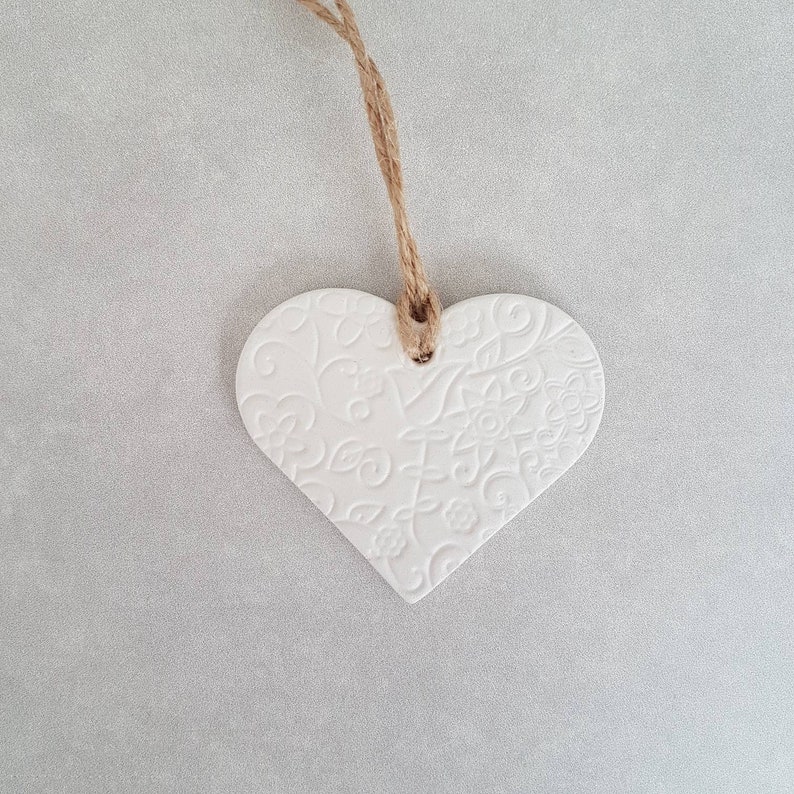 Heart shaped clay tag with pretty embossed floral design, gift for her, gift tag, wedding favour, clay diffuser, wine tag, heart wall image 1