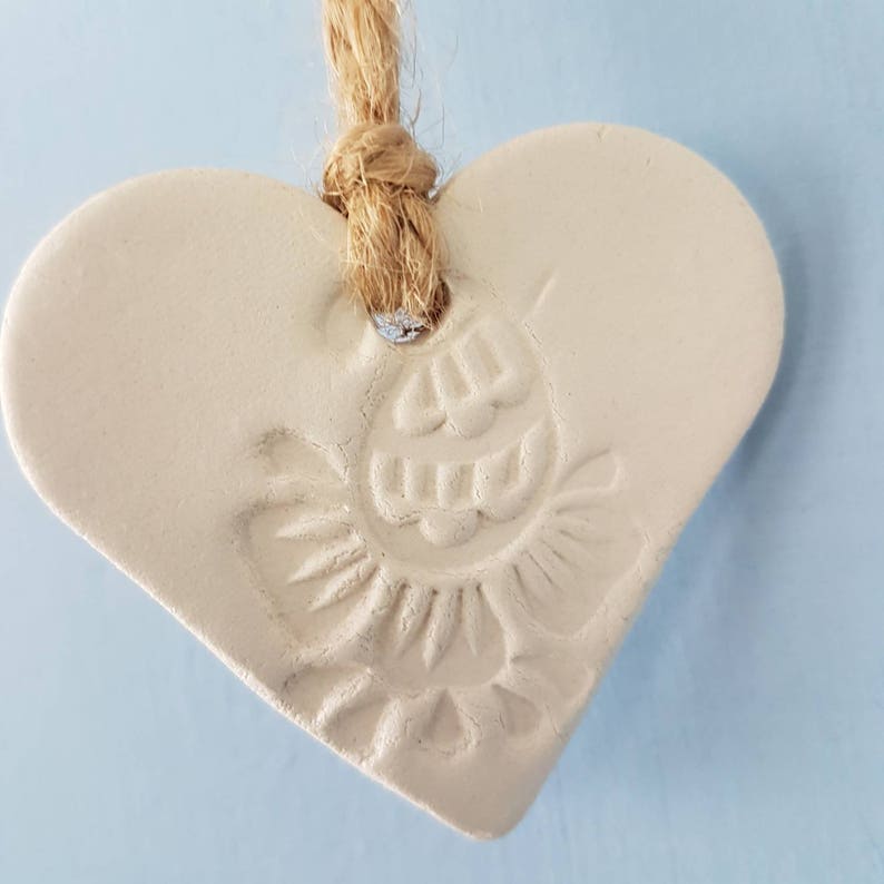 White clay hanging trio of hearts with peacock henna style design on natural twine. Wall hanging. Heart wall. Gift. Valentine's. Decoration. image 7
