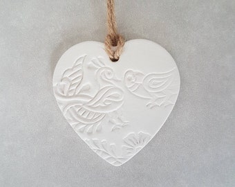 Heart shaped clay tag with peacock and peahen mendhi style design. Valentines gift, gift for her, gift tag, wedding favour, clay diffuser