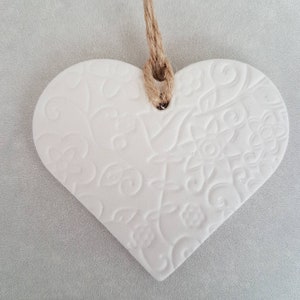 Heart shaped clay tag with pretty embossed floral design, gift for her, gift tag, wedding favour, clay diffuser, wine tag, heart wall image 3
