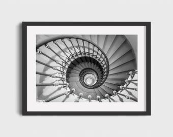 Black and White Spiral Staircase Architectural Photograph