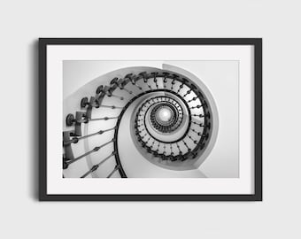 Black and White Spiral Staircase Architectural Photograph