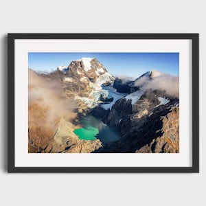 Breathtaking Glacial Lake Aerial Print | New Zealand Alpine Landscape Photography from Milford Sound