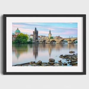 Charles Bridge Dusk Prague: Tranquil River Reflection Wall Art Print | European Cityscape Photography