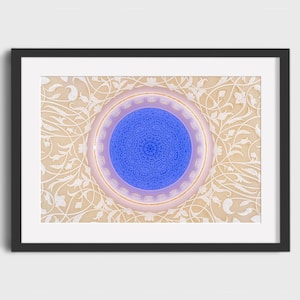 May include: Framed print featuring a detailed architectural design. The artwork showcases a central blue circular pattern with intricate details, surrounded by a beige background with floral patterns. The frame is black.