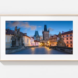 Charles Bridge Prague Dusk Print: Romantic European Cityscape Wall Art, Travel Decor, Modern Architecture