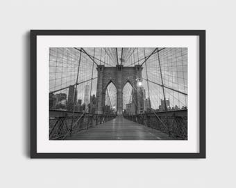 Brooklyn Bridge Black and White Print – NYC Skyline Wall Art | New York City Architecture Photo, Urban Photography Decor