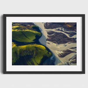 Iceland Highlands Aerial Wall Art | Braided River & Moss Landscape Photo Print on Canvas, Metal, Acrylic, Paper