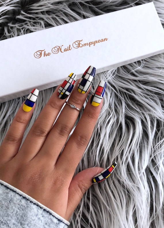 Press On Nails Colour Block Nails False Nails Coffin Etsy