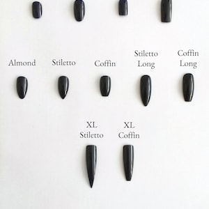 May include: A chart showing different nail shapes and lengths, including oval, square, almond, stiletto, and coffin. The chart includes short, medium, long, and extra-long lengths.