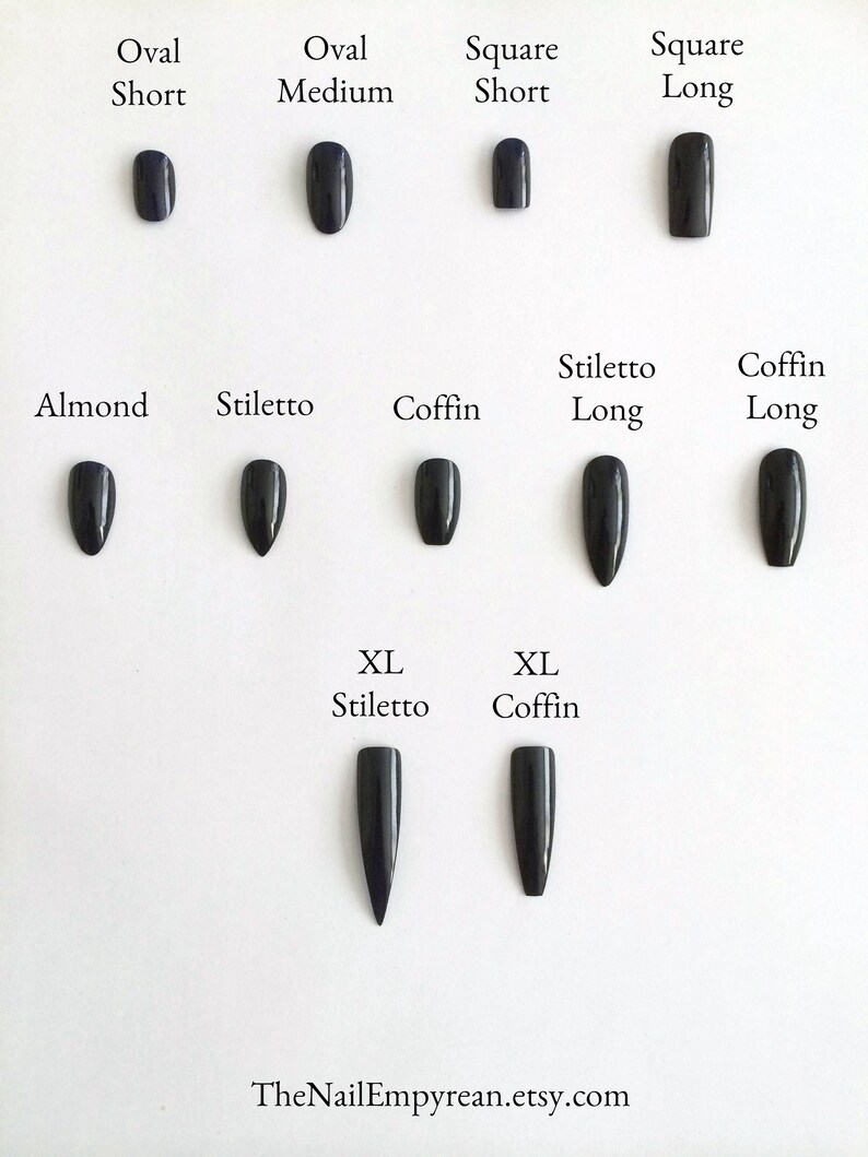 May include: A chart showing different nail shapes and lengths, including oval, square, almond, stiletto, and coffin. The chart includes short, medium, long, and extra-long lengths.