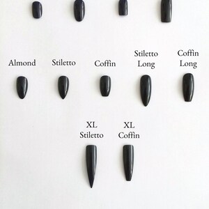May include: A chart showing different nail shapes and lengths, including oval, square, almond, stiletto, and coffin. The chart includes short, medium, long, and extra-long lengths.