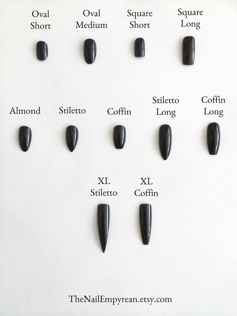 May include: A chart showing different nail shapes and lengths, including oval, square, almond, stiletto, and coffin. The chart includes short, medium, long, and extra-long lengths.