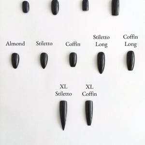 May include: A chart showing different nail shapes and lengths, including oval, square, almond, stiletto, and coffin. The chart includes short, medium, long, and extra-long lengths.