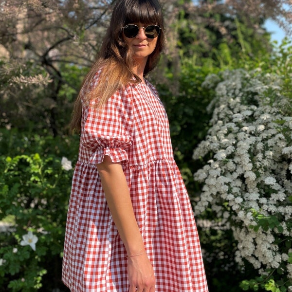 Wide Reglan Vichy Check Balloon Short Sleeve Dress, 100% coton Checkered Vichy, Robe en coton Gingham, Robe à carreaux surdimensionnée