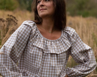 Nude Checkered Trapeze Shirt with Puffed Sleeves and Collar, Boho Gingham Blouse, Loose Vichy Shirt, Oversized Boho Style Shirt