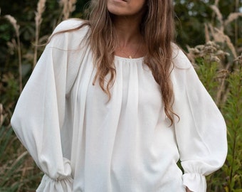 Raglan Shirt in Vintage Style with Balloon Sleeves, Boho Blouse with Linen, Loose Linen Shirt, Oversized Boho Style Shirt