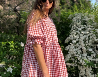 Wide Reglan Vichy Check Balloon Short Sleeve Dress, 100% cotton Checkered Vichy, Dress Made of Cotton Gingham, Oversized Checked Dress