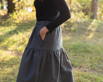 Boho Midi Skirt with Ruffle, Skirt Made of Cotton Fabric with Silk, Boho Skirt, Striped Skirt, Long Skirt, Skirt with Pockets, Pocket Skirt