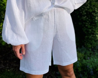 White Linen Shorts with a Higher Waist, Loose White Shorts, Comfy Sporty Shorts, White Shorts for Women with Pockets, 100% Linen