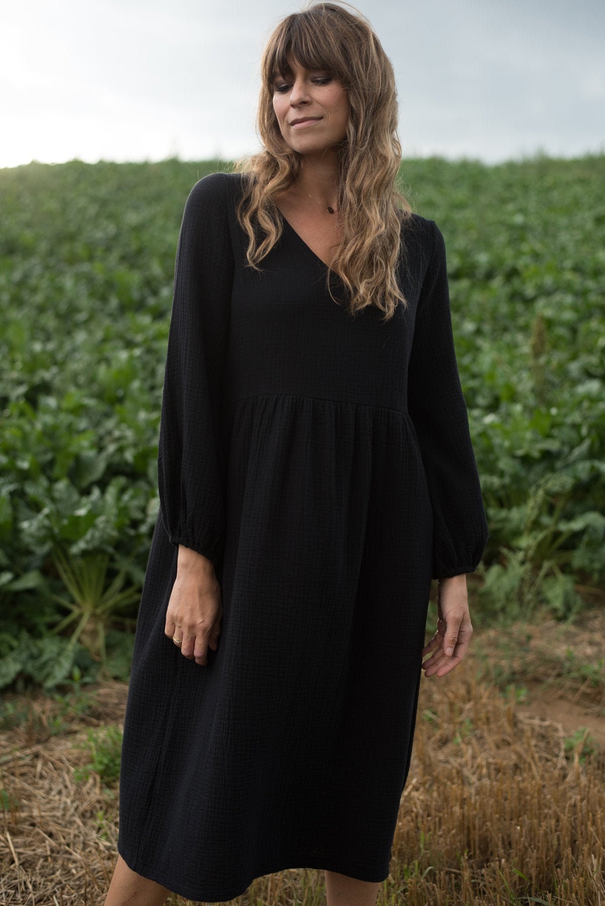 Long Black Dress Double Gauze Dress 