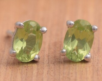 Green Peridot Stud Earrings, 925 Sterling Silver, Peridot Earrings, August Birthstone, Handmade Gift Her, Wedding Earrings For Her
