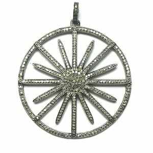Diamond Pendant, Sunburst Pendant, 925 Sterling Silver, Pave Diamond Pendant, Round Pendant, Charm Pendant, April Birthstone, Handmade Gift
