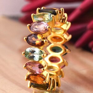 Natural Colored Tourmaline Ring, Rainbow Band Ring, Solid 925 Silver Dainty Ring, Multi Gemstone Ring, Wedding Band, Stackable Ring Band