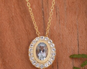 Aquamarine Necklace, 925 Sterling Silver, Halo Necklace, Aquamarine Jewelry, Aquamarine Pendant, March Birthstone, Handmade Jewelry Gifts