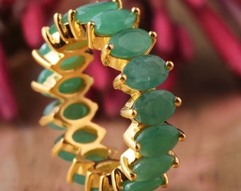 Green Emerald Eternity Ring, 925 Sterling Silver Ring, Eternity Ring, Stackable Wedding Band, Handmade Rings For Women, Minimalist Jewelry