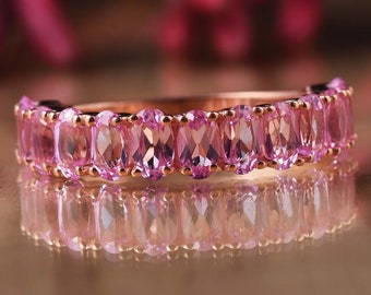 Pink Sapphire Ring/925 Silver Half Eternity Pink Sapphire Wedding Ring/Stackable  Pink Sapphire Ring/Mother Day Gifts Jewelry For Women