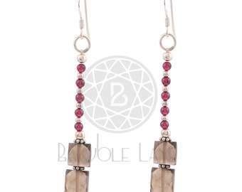 Smoky Quartz Drop Earrings, 925 Sterling Silver Earrings, Garnet Earrings, January Birthstone, Dangle Drop Earrings, Handmade Earrings Gift