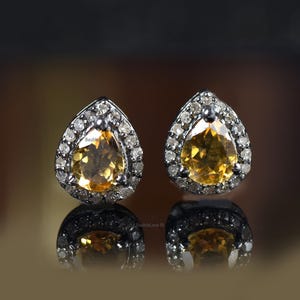 Natural Citrine Halo Earrings, 925 Silver Diamond Earrings, Citrine Stud Earrings, Handmade Earrings, Women Stud Earrings, Gift For Her.
