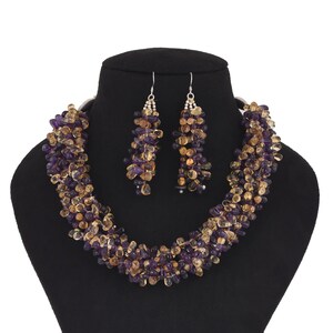 Citrine and Amethyst Gemstone Beaded Necklace Set, 925 Sterling Silver, Drop Shape Natural Gemstone Birthstone Jewelry Gifts For Her