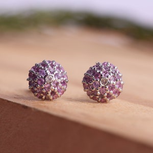 Pink Sapphire Stud Earrings – 925 Sterling Silver Studs, Dainty Round Gemstone Earrings, Minimal Jewelry Gift for Her, September Birthstone