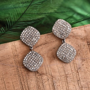 Pave Diamond Earring, Diamond Cushion Earrings, 925 Silver Drop Earrings, April Birthstone Earring, Handmade Earring, Minimalist Earring Her