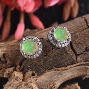 Colorful Opal Stud Earrings – 925 Sterling Silver Studs, Fire Opal Earrings, Dainty October Birthstone Jewelry, Gift for Her, Minimal Style