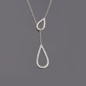 Y Necklace in 925 Sterling Silver with Diamond Teardrop Charm | Dainty Lariat Necklace | Minimalist Drop Pendant Jewelry